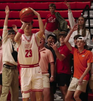 Holliday’s Tanner Arias attempts a three-pointer against Bowie on Tuesday, Feb. 3. Photo/Landon Davis