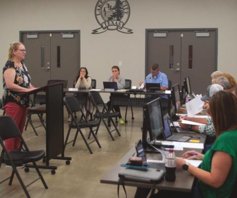County Tax Assesor-Collector Dawn Vieth present tax rates options to the Lakeside City city council on Tuesday, Aug. 17. Photo/Nathan Lawson
