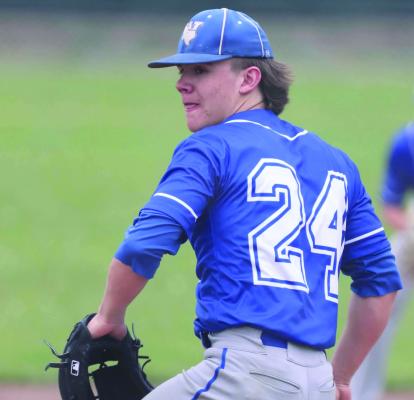 Windthorst senior Zeke Mayo offers up a strike in the Trojans’ 6-2 season opening win over Brady on Thurs., March 2. Courtesy photo/Heather Stark