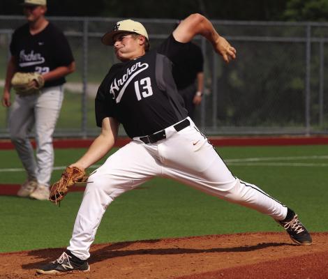 Wildcat junior Brody Reneau fires a pitch in Archer City’s Bi-District round series against Nocona on Thursday, May 1. Photo/Landon Davis