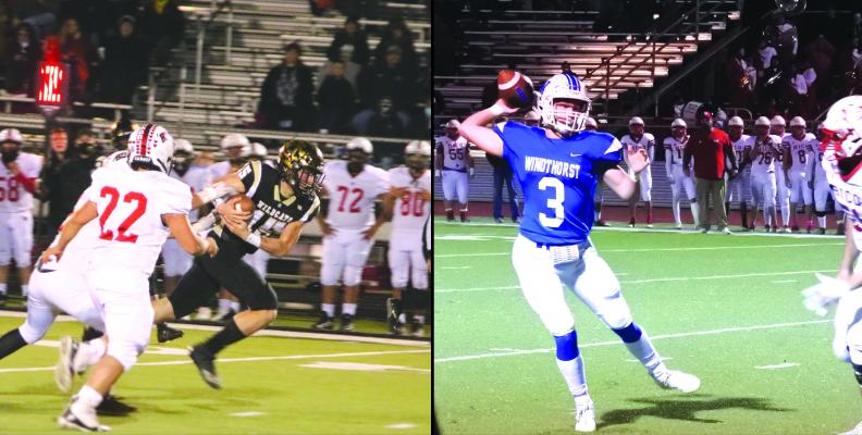 Archer City quarterback Ty Bates and Windthorst quarterback Cy Belcher