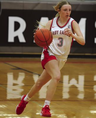Sophomore Sammi Kirkland sprints down the court in Holliday’s Bi-District playoff matchup versus the Comanche Maidens on Monday, Feb. 10. Photo/Landon Davis