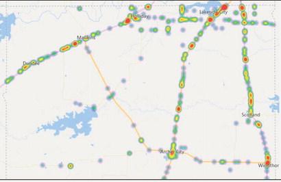 This heat map shows the areas which have experienced the most car crashes in Archer County in the previous few years. Courtesy photo/TxDOT