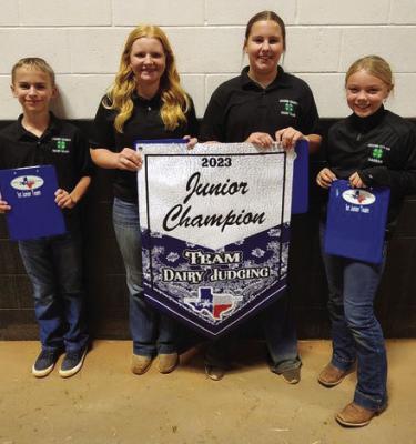 Archer County 4-H had fives teams compete in Wichita County at the Lone Star Junior Dairy Extravaganza last week and the Archer County Junior 1 team of Jake Schroeder, Ella Dora, Aubree Hoegger and Hannah Krenek, took home the win as the top Junior team. Hoegger was third high junior individual and all of the kids placed very well. Courtesy photo