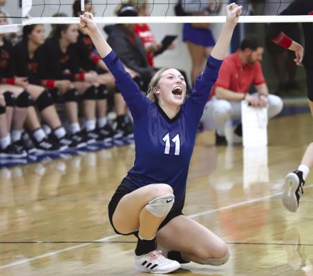 Rylee Wolf celebrates after putting down the match-clinching kill in the third set of Windthorst’s 3-0 sweep of Hamilton on Tuesday, in Weatherford. Photo/Will Edwards