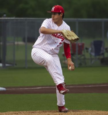 Senior pitcher Logan Lindemann loads up to laser a pitch against the Peaster Greyhounds in the Eagles’ Bi-District matchup on Wednesday, April 29. Photo/Landon Davis