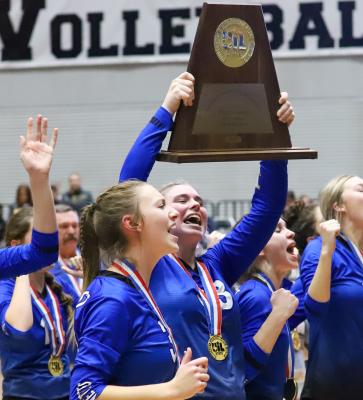 Windthorst seniors hoist the program’s state-leading 14th championship trophy following a 3-2 win over Lindsay on Friday in Garland.