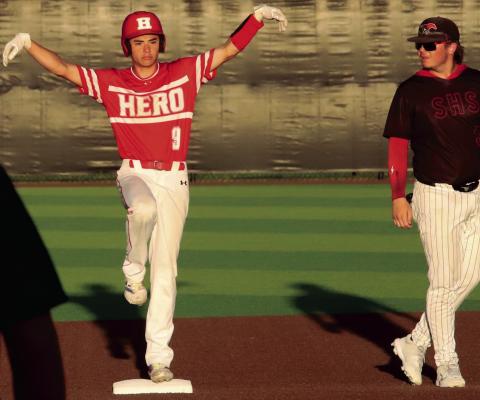 Holliday second baseman Kelson Wales celebrates on second after his double in Game 3 of the Regional Semi-finals series with Shallowater on Friday, May 16. Photo/Landon Davis
