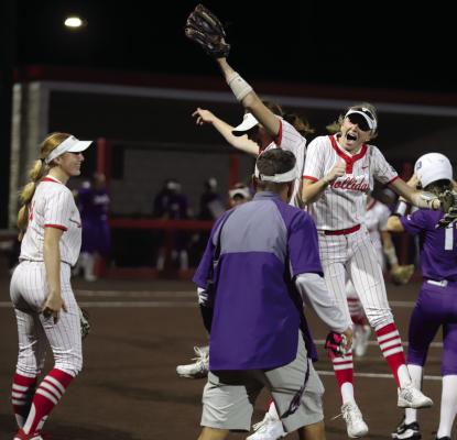 Holliday Lady Eagles Kyra Seward (L) and Sammi Kirkland (R) celebrated a sweep of district rival Jacksboro on Friday, March 6. Photo/Landon Davis