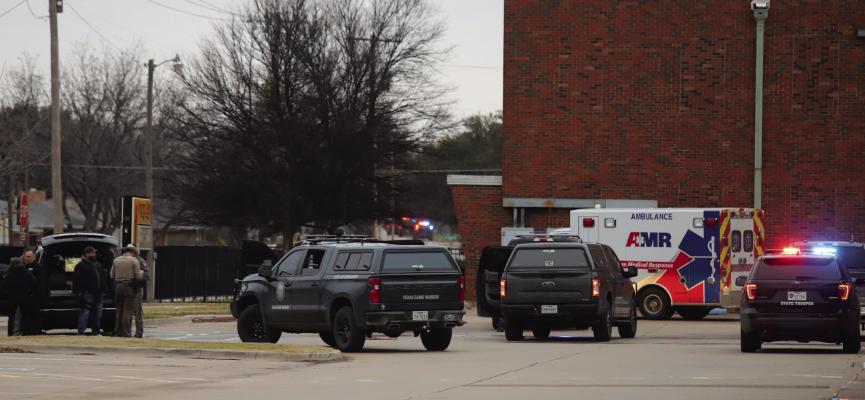 A large group of first responders set up at the Archer City Elementary School in response to an active shooter call at the Archer City Country Club on Wednesday, Feb. 12. Photo/Nathan Lawson