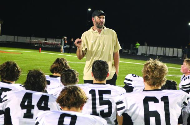 Archer City Head Coach Bradan Ritchey speaks to his team following the Wildcats 35-20 over Petrolia on Friday, Nov. 1. Photo/Jerry Phillips