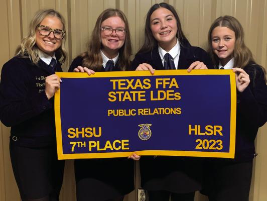 The Holliday FFA Public Relations Team consisting of Jaci Shepherd, Cate Deges, Valerie Franklin, and Presley Weaver, placed 7th at the Texas FFA State LDE Contest. Courtesy photo