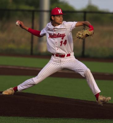 Holliday’s Jayden Whitley collected 10 strikeouts in the Eagles’ 5-0 shutout win over Vernon on April 7. Photo/Landon Davis
