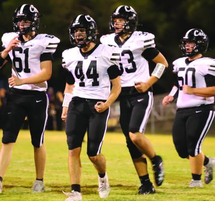 Senior outside linebacker Luke Deerinwater celebrates with the sideline after the Wildcats force a turnover-ondowns. Photo/Landon Davis