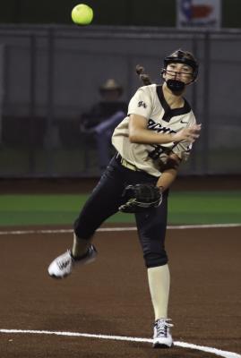 Archer City freshman Millie Mayo makes the final out of Game 2 to complete the series sweep over Tioga in the Area round of the playoffs on Thursday, May 1. Photo/Landon Davis