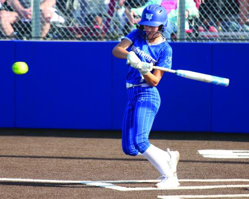 Junior shortstop Karissa Fillingim goes for a slap-hit against Nocona on Thursday, April 24. Fillingim finished Game 1 with three hits and three RBIs. Photo/Landon Davis