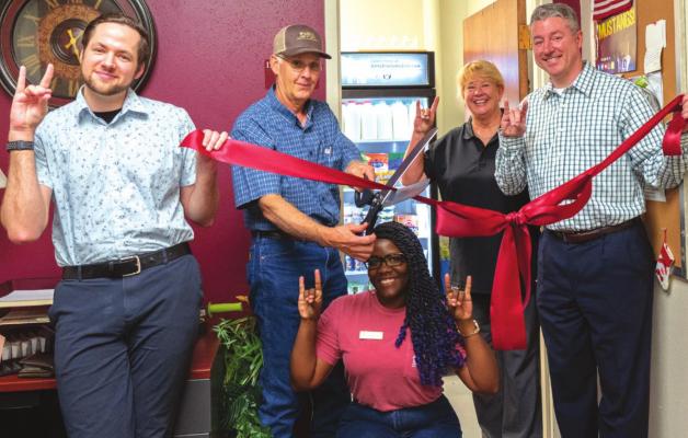 Pictured are Assistant Director of the Counseling Center Zachary Zoet, Wolf Brothers Dairy owner Gary Wolf, Mustangs Pantry Student Assistant Mandana Joseph, MSU Texas Special Events Coordinator Cynthia Cummings, and Minister of First Christian Church of Wichita Falls Mark Bender. Courtesy photo/MSU Texas