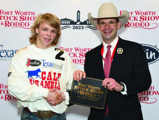 Hunter Talley won a $500 purchase certificate toward a beef or dairy heifer for a 4-H or FFA project for exhibition at next year’s Fort Worth Stock Show &amp; Rodeo. The certificate, presented by Stock Show Calf Scramble Committee member, Paxton Motheral, was sponsored by Avery Therrell. Courtesy photo