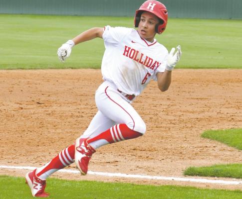 Holliday freshman Isaac Villa rounds third and heads home to score the go-ahead run in the Eagles’ 5-4 win over Wall in the area round on Saturday, May 15, in Abilene. Photo/Will Edwards