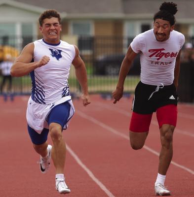 Windthorst’s Hunter Anderle beats out the competition for the gold medal in the 100-meter dash at the 2A-Area Championships in Graham on Friday, April 17. Photo/Landon Davis