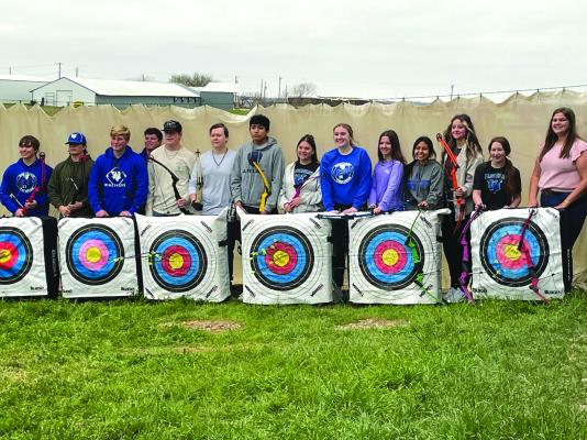 The Windthorst FFA Archery team is headed to the state competition. The team consists of left to right: Jaxon West, Steven Koetter, Koen Sternadel, Drew Anderle, Larson Vieth, Dayton Stubblefield, Daven Moreno, Raelyn Bussey, Katy Wolf, Zoie Price, Kylee Tapia, Farris Zotz, Kensely Vieth and Bri Vieth. Courtesy photos