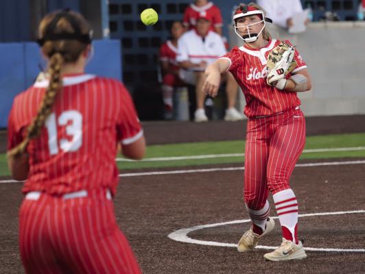 Holliday’s Carly Duggins makes the easy throw to first in the Lady Eagles’ district double-header versus City View on Tuesday, March 25. Photo/Landon Davis