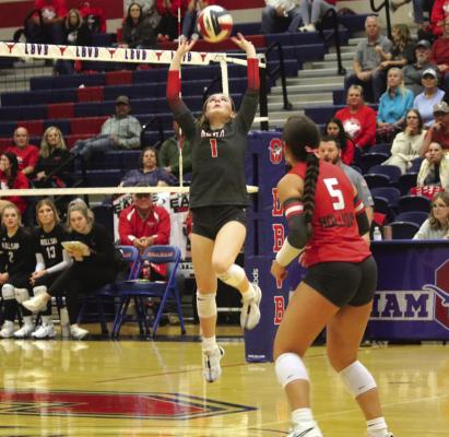 Holliday Senior setter Maggie Maxwell looks to spark a Lady Eagle attack during their 3-0 bi-district win over Millsap in Graham on Tuesday, Nov. 5. Photo/Nathan Lawson
