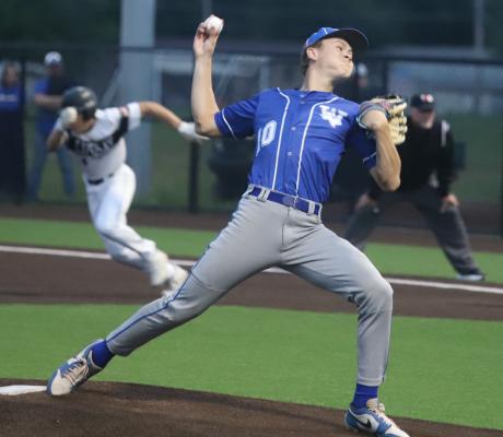 Windthorst Pitcher Aiden Stark fires a pitch as a Lindsay Knight player looks to steal second in game 3 of the Trojans Bi-District win over Lindsay on Friday, May 1. Photo/Nathan Lawson