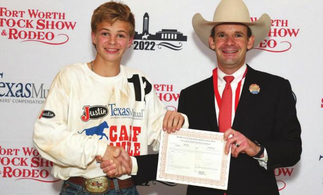 Gage Talley won a $500 purchase certificate toward a beef or dairy heifer for a 4-H or FFA project for exhibition at next year’s FWSSR. The certificate, presented by Stock Show Calf Scramble Committee Chairman, Paxton Motheral, was sponsored by Pegasus Resources, LLC. Courtesy photo