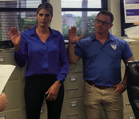 New Windthorst ISD school board members Place 6 Alysha Humpert (left) and Place 7 JD Steinberger (right) were sworn on to the board during the school board meeting on Monday, May 15. Courtesy photo/Heather Crain