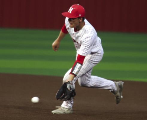 Holliday second baseman Crue Harrison fields a groundball against the Jacksboro Tigers on Tuesday, April 21. Photo/Landon Davis