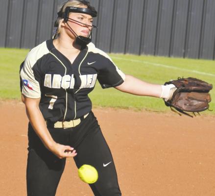 Archer City’s Jill Liles delivers a pitch in the first inning of the Lady Cats’ 17-13 loss to Petrolia on Saturday, April 24. Photo/Will Edwards
