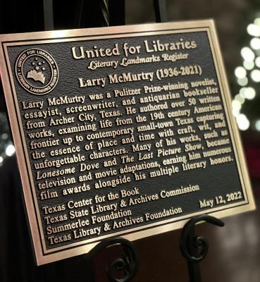 The plaque which was made to honor the Literary Landmark designation that is now placed at the Archer Public Library in honor of Larry McMurtry. Courtesy photo