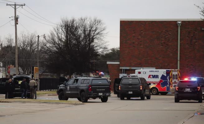 A large group of first responders set up at the Archer City Elementary School in response to an active shooter call at the Archer City Country Club on Wednesday, Feb. 12. File photo