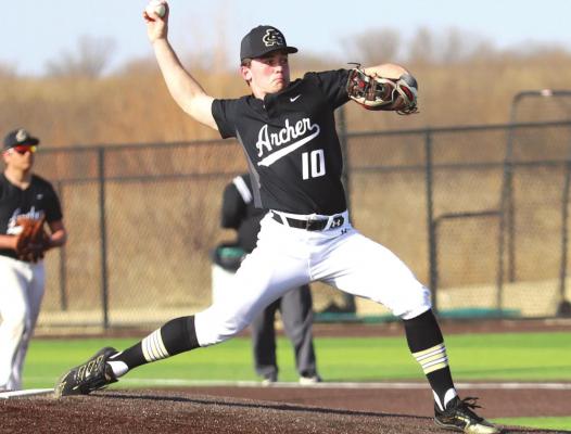 Archer City’s Ty Bates delivers a strike in the Wildcats’ 8-0 loss to Holliday on Saturday, March 5, in Iowa Park. Photo/Will Edwards