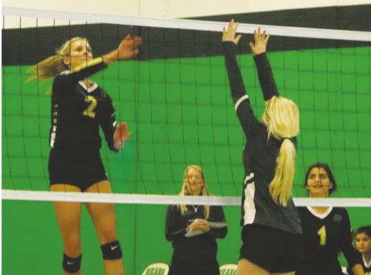 Junior Mallory Maxwell puts down a kill in the Lady Cat’s 3-0 sweep of Goldburg on Saturday, Sept. 26. Photo/Jerry Phillips