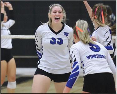 Windthorst’s Tara Tackett celebrates a point early in the first set in the Trojanettes’ 3-0 win over rival Archer City on Tuesday, Oct. 4. Photo/Will Edwards
