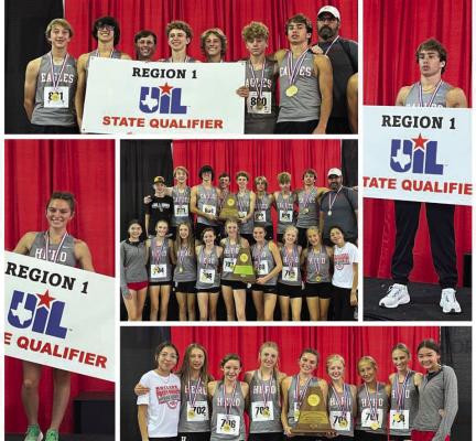 Both cross country teams for Holliday grabbed gold at the UIL Region 1 cross country championships on Tuesday, Oct. 22. The Eagles finished with a team score of 70, over half as many points as the second-place team. The Lady Eagles finished with a team score of 31, beating last season’s score by 13 points. Courtesy photo