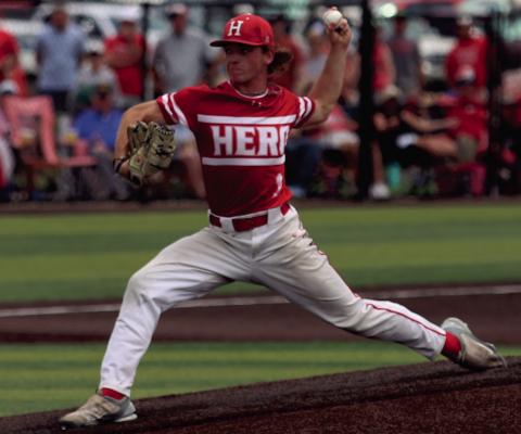 Holliday Junior Pitcher Caleb White fires a pitch in the Eagles Game 2 loss in Iowa Park on Saturday, May 24. Photo/Nathan Lawson