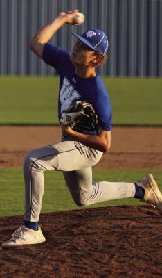 Trojan freshman Aiden Stark fires a pitch in Windthorst’s 10-0 win over Electra on Tuesday, April 8. Stark finished with a no-hitter and 11 strikeouts. Photo/Landon Davis
