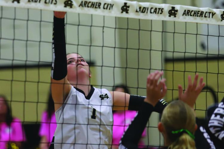 Archer City Senior Jocelyn Tedrow looks for a kill in the Lady Cats 3-0 win over Seymour on Tuesday, Oct. 6. Photo/Rolando Medina