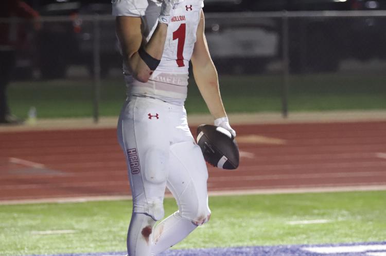 Holliday Senior Brayden Hamill celebrates his fourth touchdown of the game in the Eagles 63-39 victory over the City View Mustangs on Friday, Oct. 16. Photo/Rolando Medina