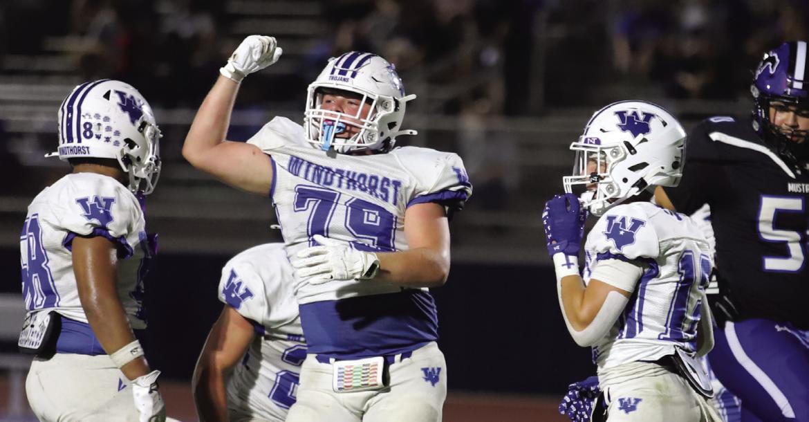 Windthorst Defensive Lineman Eddie Vieth celebrates following a stop during the Trojans victory over the City View Mustangs on Friday, Sept. 4. Photo/Rolando Medina