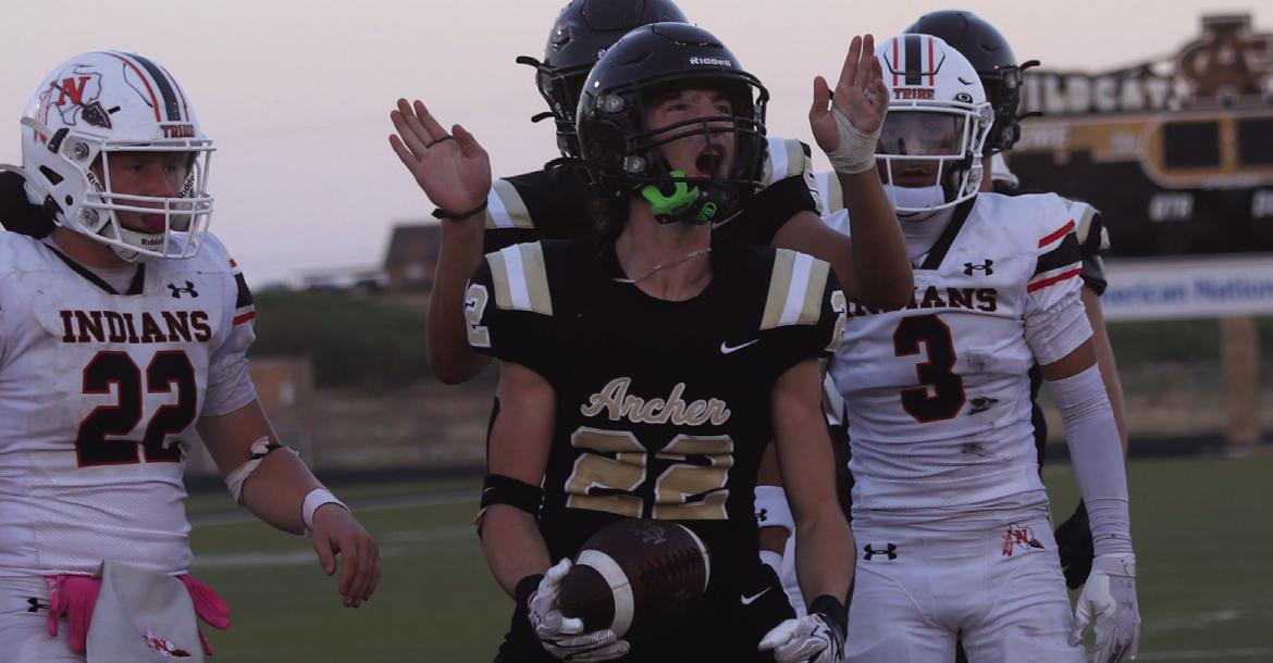 Archer City Junior Tanner Deerinwater celebrates following his five yard rushing touchdown in the Wildcats 37-6 loss to Nocona on Friday, Sept. 4. Photo/Nathan Lawson