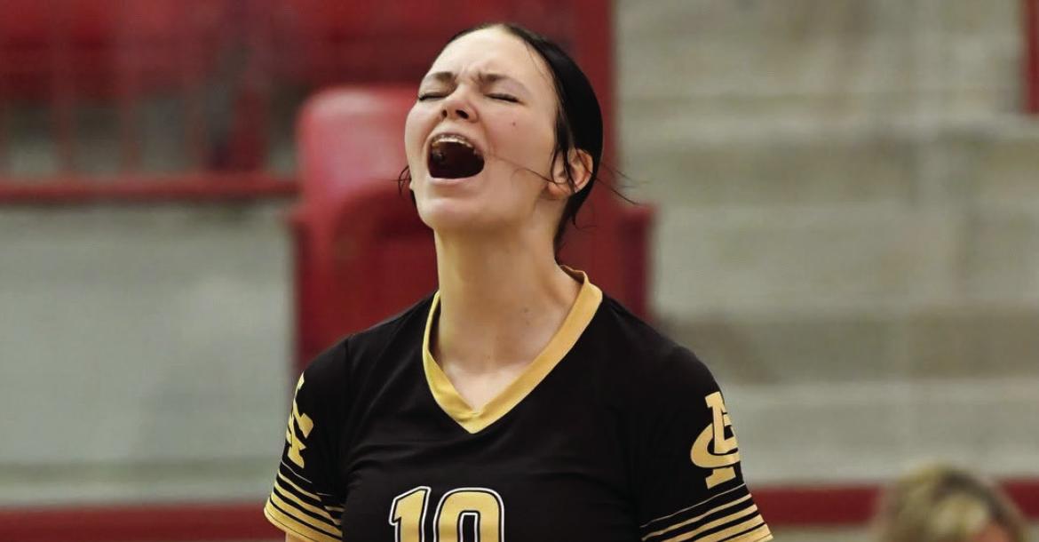 Archer City Outside Hitter Brilee Canada celebrates following a point in the Lady Cats 3-1 win over Olney on Saturday, Sept. 26.