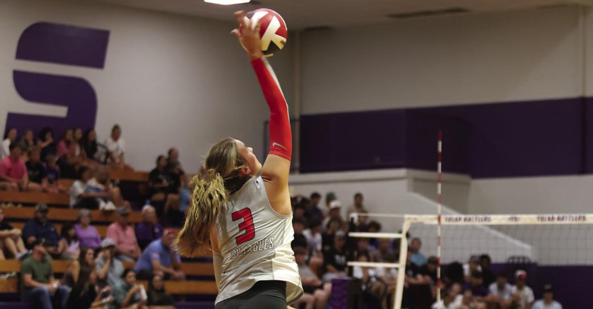 Holliday Senior Emma Ellis delivers a serve during the Lady Eagles 3-1 win over the Tolar Lady Rattlers. Photo/Rolando Medina