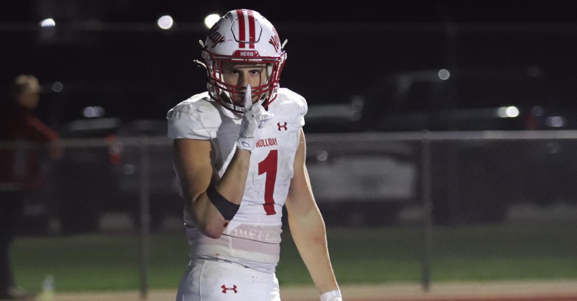 Holliday Senior Brayden Hamill celebrates his fourth touchdown of the game in the Eagles 63-39 victory over the City View Mustangs on Friday, Oct. 16. Photo/Rolando Medina