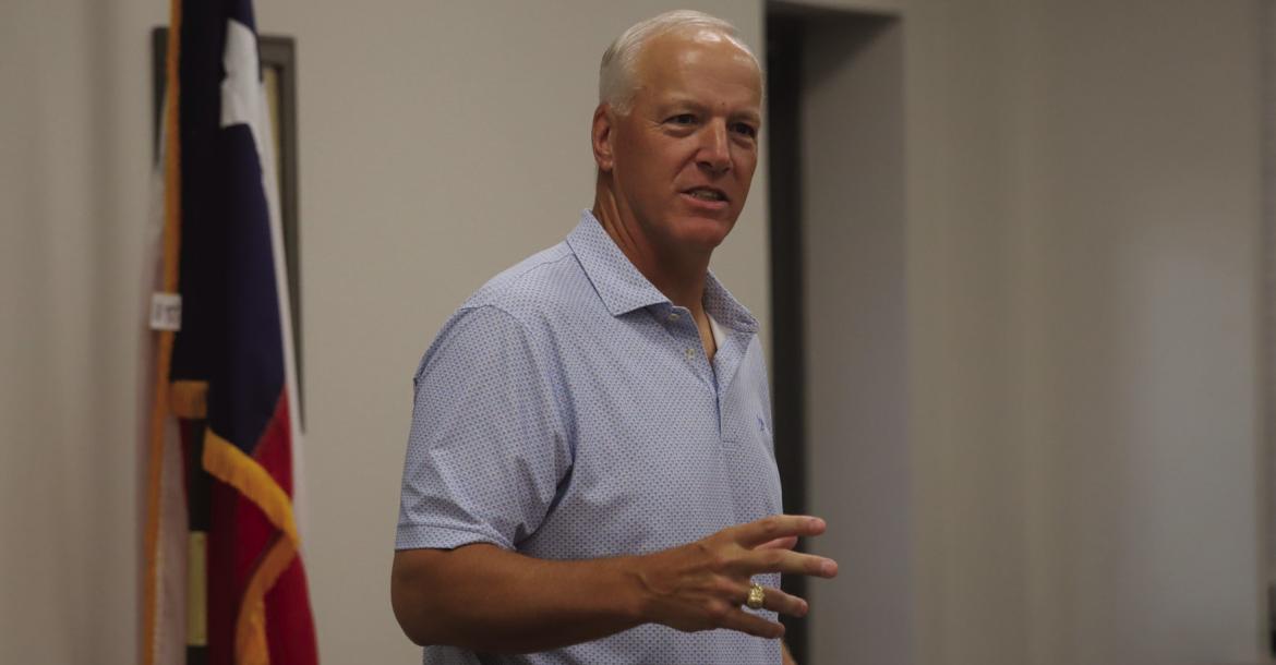 Texas House District 69 Rep . James Frank speaks to a crowd of people opposing the proposed data center project on Three Way Road at a meeting on Monday, Sept. 28, in Lakeside City. Photo/Nahan Lawson